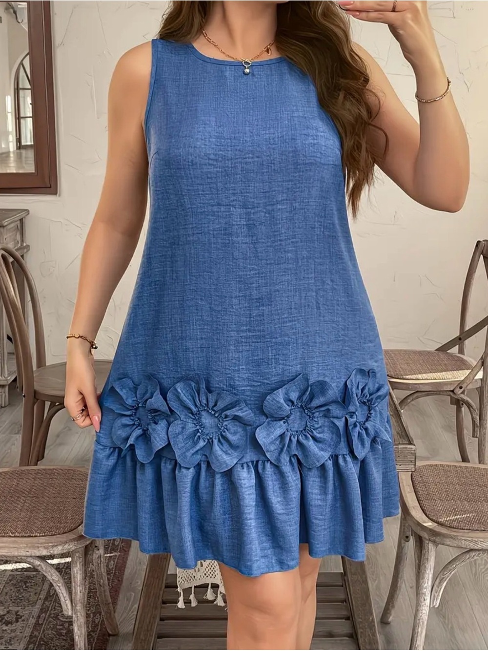 Sleeveless Tunic Dress with Ruffle Detail - Crew Neck, Lightweight Small